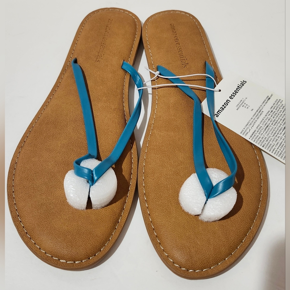 Amazon Essentials Women’s Teal Strap Tan Footbed Flip Flop Sandals Womens 9